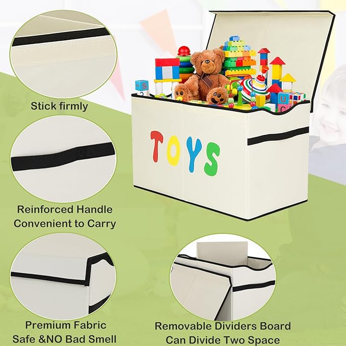 Toy Box Chest, Collapsible Sturdy Storage Bins with Lids, Extra Large Kids Toy Storage Organizer Boxes Bins Baskets for Kids, Boys, Girls, Nursery Room, Playroom, Closet (New Beige)