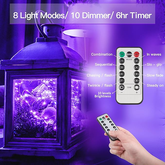 suddus Hallowee Fairy Lights Battery Operated, 33ft 100 LED Fairy Lights with Remote, Purple String Lights for Outside, Porch, Home, Backyard, Window, Yard, Garland, Party Decorations