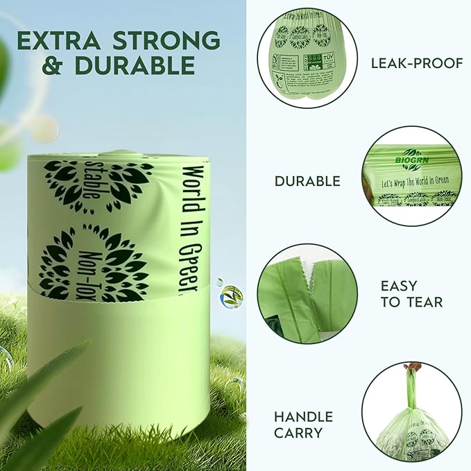 Compostable Trash Bags 1.2-1.6 Gallon with Handles 50 Count 0.6 Mil 6.06 Liter Heavy Duty Small Kitchen Food Scrap Waste Compost Bags for Countertop Bin ASTM D6400 & BPI Certified, OK Compost Home