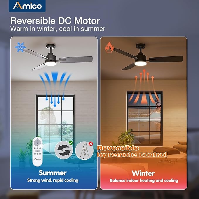 Amico Ceiling Fans with Lights, 52 Inch Ceiling Fan with Light and Remote Control, Black Fan, Reversible, 3CCT, Dimmable, Noiseless, Ceiling Fan for Bedroom, Indoor/Outdoor Use