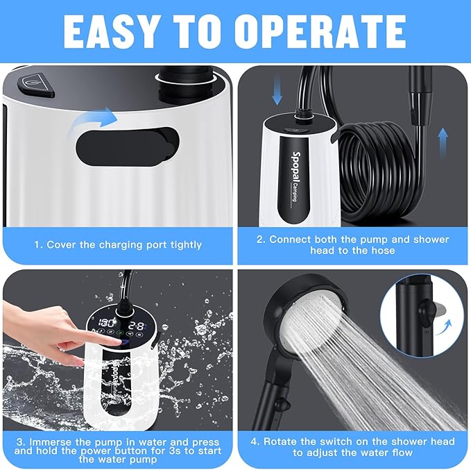 Portable Camping Shower - 10000mAh Rechargeable, 5-Speed, IPX8 Waterproof, LED Display Camp Shower Pump- Perfect for Hiking, Travel, Cars & Pets