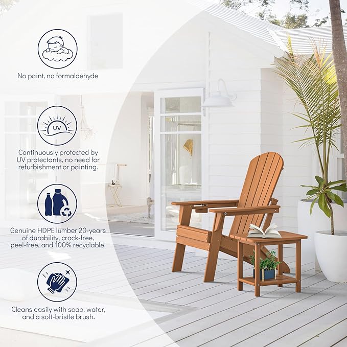 Folding Adirondack Chair, SGS Tested, Wooden Textured with Cup Holder, Heavy All-Weather HDPE Comfortable Set Poolside Backyard Lawn Teak