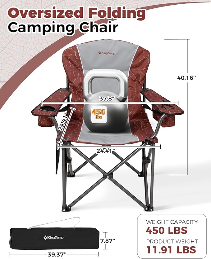KingCamp Oversized Camping Folding Chair, Heavy Duty 450 LBS with Lumbar Support, Padded seat with Cup Holder&Cooler Bag, Ideal for Camp, Fishing, Sports Event, Backyard, Patio, Lawn