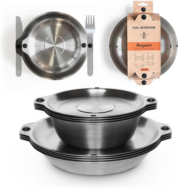 FULL WiNDSOR - MAGWARE - Magnetic Bowls and Plates Set - Stainless Steel Travel Dinnerware for Camping, Overlanding, Backpacking, Picnic, RV, Outdoor Dining Portable Tableware Mess Kit