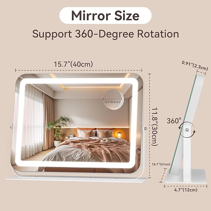 MINISO Vanity Mirror with Lights, 16" x 12" LED Makeup Mirror, Light & Brightness Adjustment, Smart Sensor, 360°Rotation, Aluminum Alloy Metal White Frame, with 10X Magnifying Glass