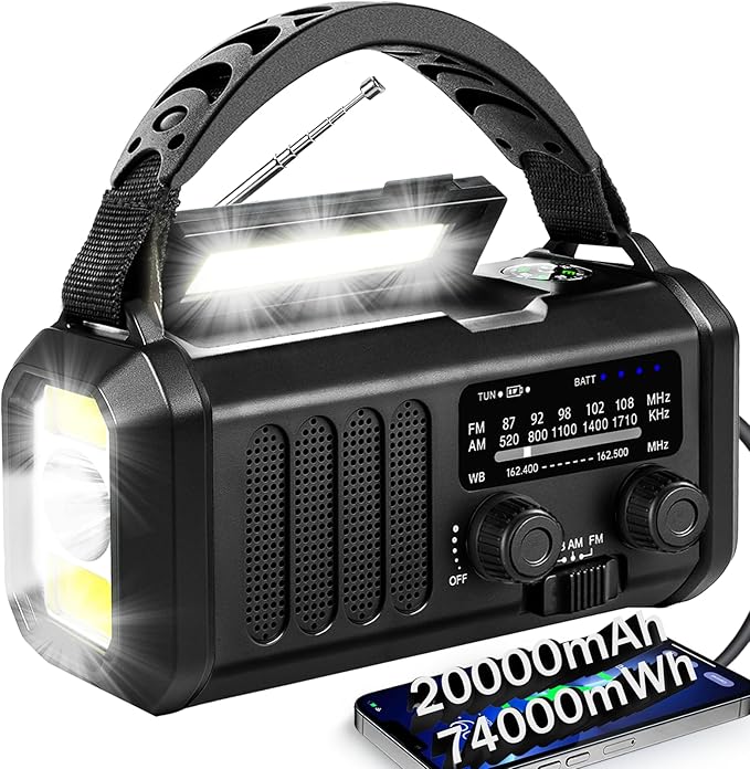 Hand Crank Emergency Radio,74000mWh Solar Powered Portable NOAA AM FM Weather Radio with 3 Mode Flashlight and Reading Light,Cell Phone Charger,Home and Emergency Distress Signal (Black)