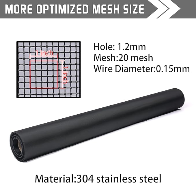 304 Black Stainless Steel Robust & Shielding Window Screen Replacement Mesh Screen, 47IN x 100FT, Perfect for Windows, Doors, Patios & Pets, Mosquito-Proof,Sturdy Screen Mesh Roll (20 Mesh)