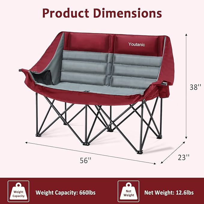 Oversized Camping Chair, Double Folding Loveseat Camping Couch with Pocket, Cup Holder and Carry Bag, Heavy Duty Portable Camping Chairs for Adults, Fishing, Sports, Trip, up to 660lbs, Red