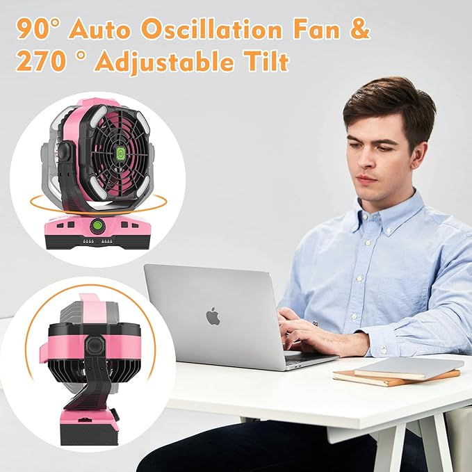 RUNTOP Oscillation Camping Fan with LED Lantern, 20000mAh Rechargeable Battery Operated Outdoor Tent Fan w/Hanging Hook, Remote Control, 4 Speeds, Personal USB Desk Fan for Camping, Jobsite (Pink)