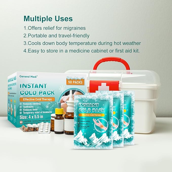 General Medi Instant Ice Cold Pack (4”x 5.5”) – 50 Packs Disposable Cold Therapy Ice Packs for Pain Relief, Swelling, Inflammation, Sprains, Toothache – for Athletes & Outdoor Activities