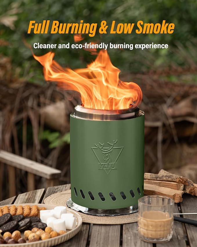 YEFU Tabletop Fire Pit 9.7 x 7.1 in, Low Smoke Camping Stove for Outdoor & Patio, Fueled by Pellets or Wood, Safe Burning Table Top Firepit, with Travel Bag & 2 Mini Sticks & Fireproof Mat, Green