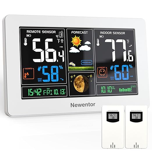 Newentor Weather Station Wireless Indoor Outdoor Thermometer, Color Display Digital Weather Thermometer with Atomic Clock, Barometric Pressure, Forecast Station with Adjustable Backlight,White,2Sensor