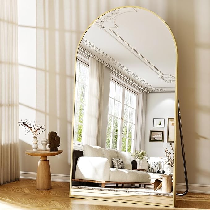 46"x76" Arched Full-Length Mirror, Oversized Floor Mirror with Stand, Freestanding or Wall-Mounted Full Body Mirror for Living Room, Bedroom, or Cloakroom, Gold