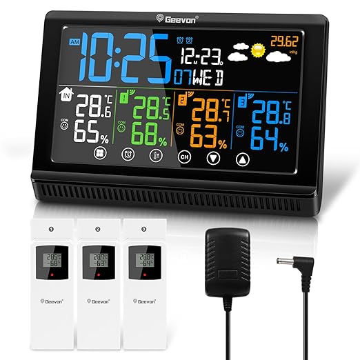 Geevon Weather Stations Wireless Indoor Outdoor, Digital Color Display Thermometer Hygrometer with 3 Sensors, AC Adaptor and Adjustable Backlight, Temperature Humidity Monitor for Home Office Bedroom