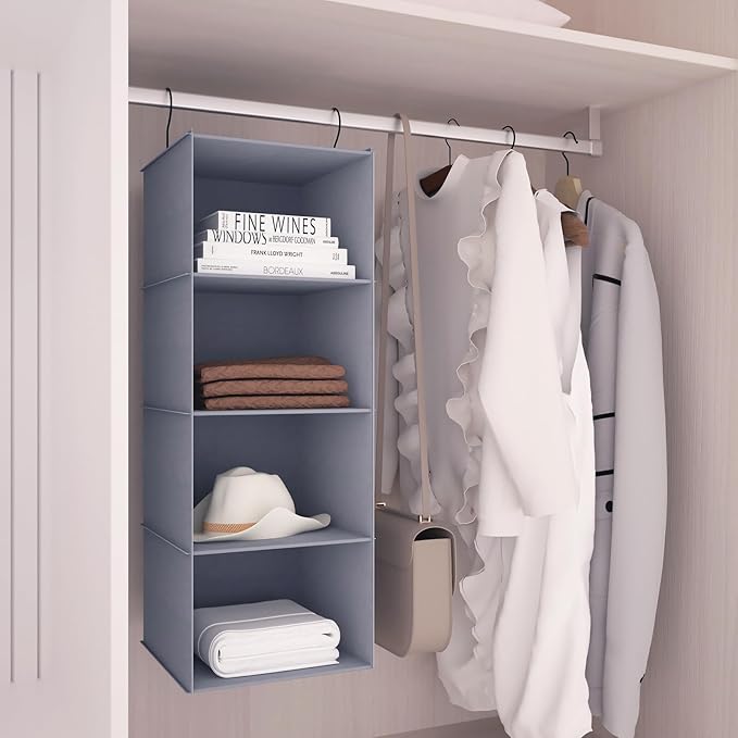 Hanging Closet Organizer, Easy Mount Foldable 4-Shelf Hanging Closet Wardrobe Storage Shelves, Clothes Handbag Shoes Accessories Storage, Washable Oxford Cloth Fabric, Gray