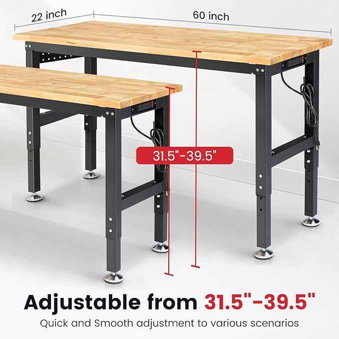 60 Inch Workbench for Garage Adjustable Height Work Bench with Pegboard Power Outlets Rubber Wood Tabletop Work Table for Cutting Wood Woodworking Shop Home Office Electronic