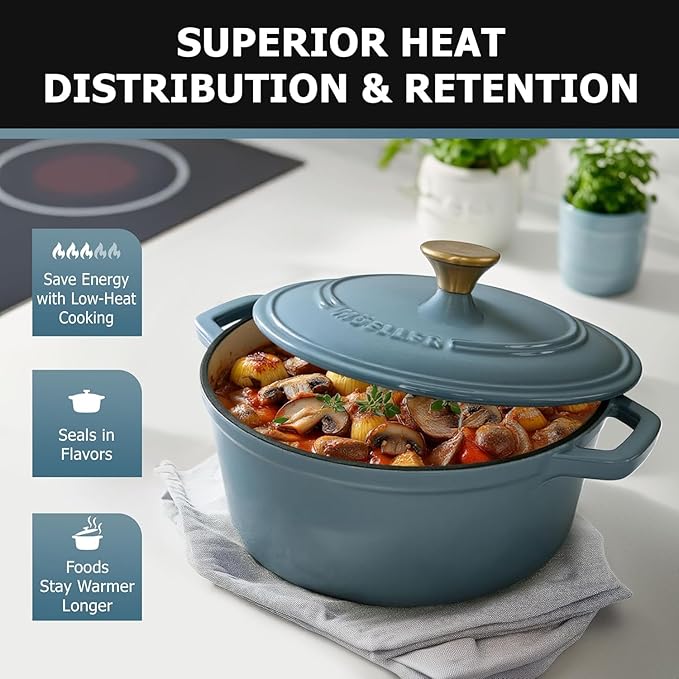 MÜELLERHOME 7.5 Quart Enameled Cast Iron Pot Dutch Oven, Heavy-Duty, Oven-Safe up to 500° F & Across All Cooktops, Bread Pan with Lid & Knob, Cast Iron Cookware, Blue Kitchen Accessories, Mineral Blue