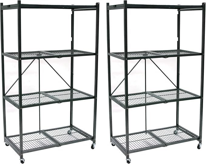 Origami 2-Pack R5 Series Foldable 4-Tier Steel Storage Rack, Pewter – Heavy-Duty Metal Shelving Unit w/ Removable Wheels for Laundry Room or Garage – Rolling Organizer for Home, Office & Warehouse