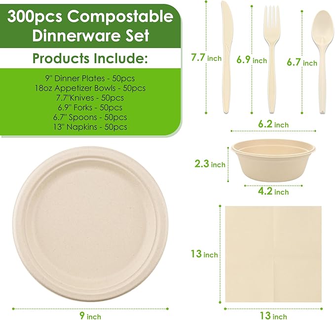 Disposable Paper Plates Set 300PCS Compostable Sugarcane Plates, Bowls, Heavy-duty Utensil, Biodegradable Napkins, Eco-friendly Dinnerware Set for Party Camping 50 People
