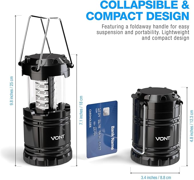 Vont LED Camping Lantern, LED Lanterns, Suitable Survival Kits for Hurricane, Emergency Light for Storm, Outages, Outdoor Portable Lanterns, Black, Collapsible, (Batteries Included)