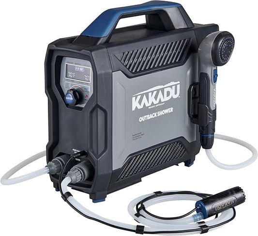 Kakadu Portable Camping Outback Shower, Instant Hot Water for Outdoor Use - Slimline Design, Rechargeable Lithium Battery, Adjustable Shower Head, Slim Pump, Digital Display