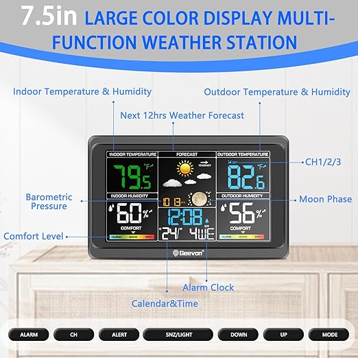 Geevon Weather Stations Wireless Indoor Outdoor Thermometer, Color VA Display Digital Weather Thermometer, Temperature Humidity Monitor with Barometer, Calendar, and Adjustable Backlight