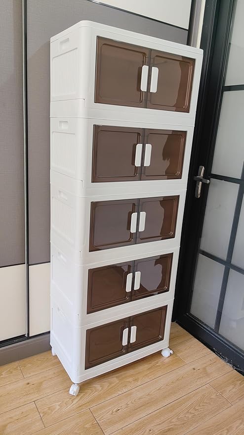 80 Gals Storage Bins with Lids - Folding Storage Box with Doors and Wheels, Collapsible Plastic Bins for Closets, Stackable Storage Organizer, (Extra Large-5Tiers)