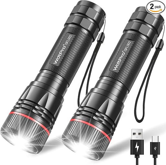 WdtPro Rechargeable Flashlights High Lumens, 2 Pack 10H Long Lasting Super Bright EDC Flashlight, LED Mini Tactical Flash Lights for Camping Emergency, Drop & Water Resistant (Battery Included)