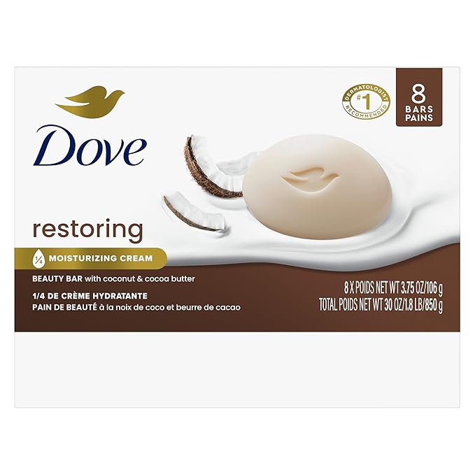 Dove Beauty Bar Soap Restoring Coconut & Cocoa Butter, 8 Bars for Restored Skin, Nourishes Skin 3.75 oz