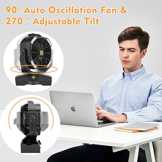 RUNTOP 20000mAh Camping Fan, Oscillating High Speed Rechargeable Battery Operated Fan w/RGB Light,Remote,Hanging Hook, Outdoor Portable Fans Battery Powered Personal USB Desk Fan for Tent, Travel