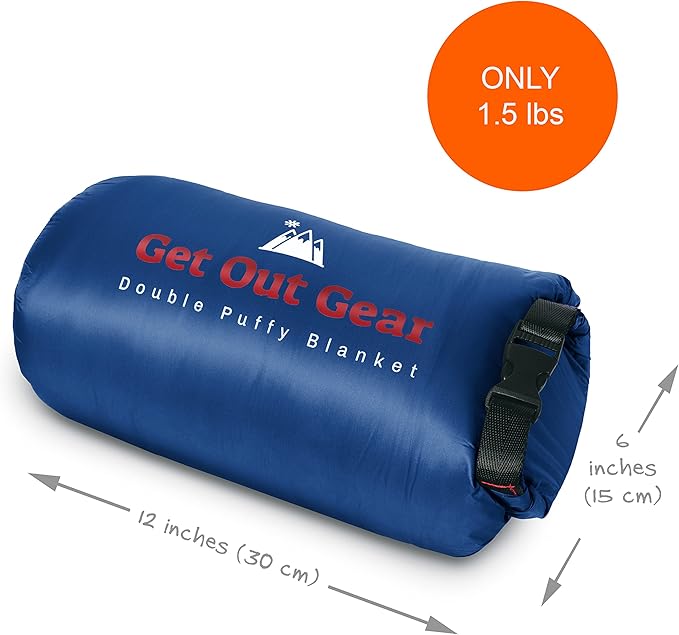 Double Puffy Camping Blanket - Extra Puffy, Packable, Lightweight and Warm | Ideal for Outdoors, Travel, Stadium, Festivals, Beach, Hammock | Water-Resistant Camp Quilt (Blue/Red)