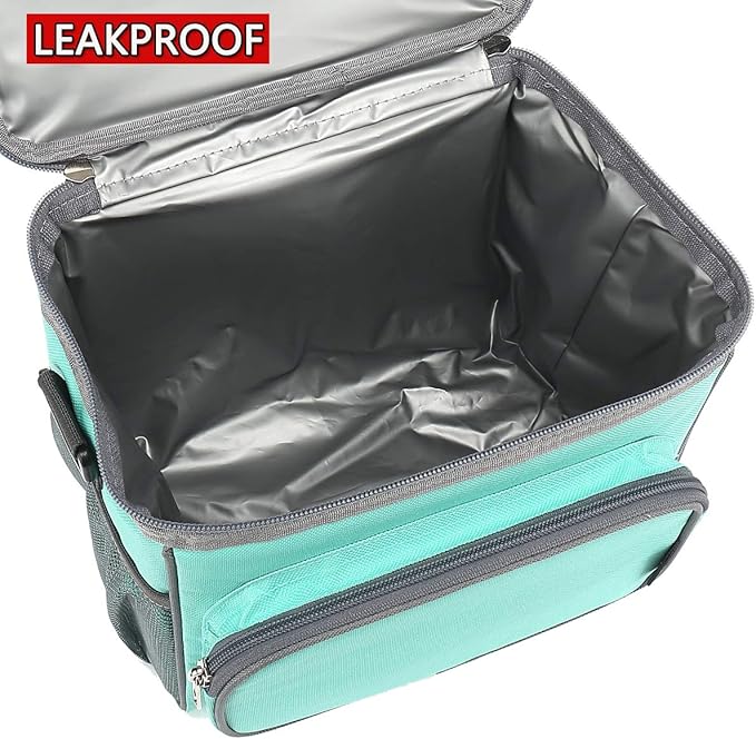 FlowFly Insulated Reusable Lunch Bag Adult Large Lunch Box for Women and Men with Adjustable Shoulder Strap,Front Zipper Pocket and Dual Large Mesh Side Pockets,Jade