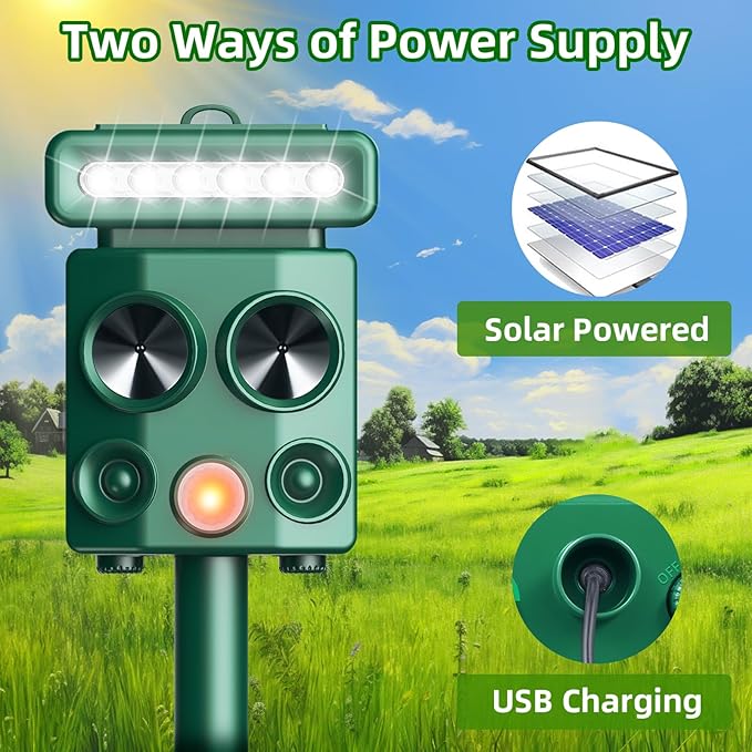 Solar Ultrasonic Animal Repeller with Motion Detection&LED Strobe Light, 2Pcs Deer Deterrent Devices Outdoor to Repel Dog Squirrel Rabbit Raccoon Repellent for Farm