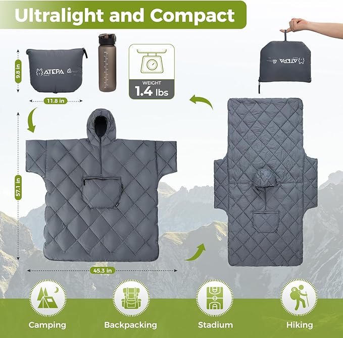 ATEPA Wearable Sleeping Bag, Recycled Warm Camping Wearable Blanket Poncho for Outdoor Sports, Camping Gifts for Women Men
