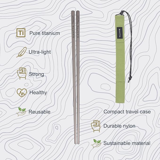 SANTTA Titanium Chopsticks with Travel Case - Ultralight and Reusable Chopsticks for Camping | 1 Pair Comes with Green Case