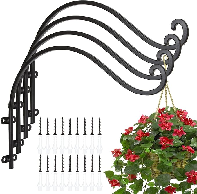 4Pack Heavy Duty Plant Hanger, 16inch Outdoor Hanging Plant Bracket, 60lbs Bearing Capacity Metal Wall Flower Pot Hanger Hooks, Wall Hanging Hooks for Wind Chimes, Bird Feeders, Lanterns