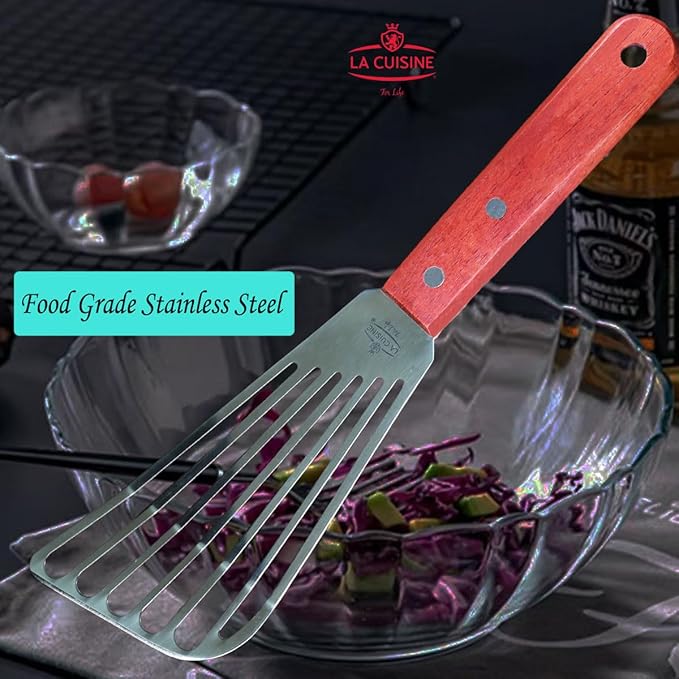 La Cuisine Fish Slotted Spatula Turner with Beveled Edged Stainless Steel, For Flipping Fish Egg Pancake Patties Fries. Blade 6.5", Size 11"