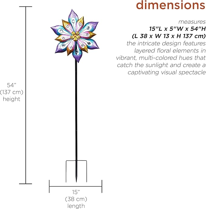 Alpine Corporation SLL2338 Metal Layered Floral Wind Spinner Garden Stake, Colorful Decor for Garden, Patio, & Lawn, 54" H