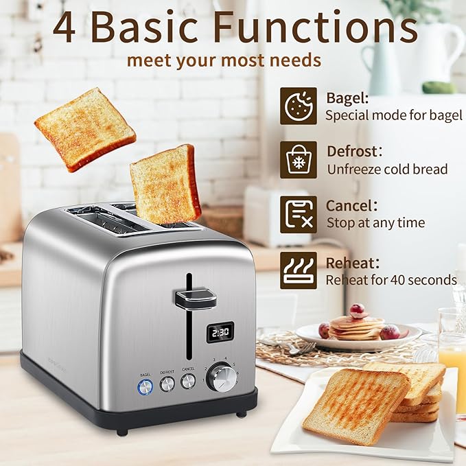 SEEDEEM Toaster 2 Slice, LCD Display, 7 Shade Settings, 1.4'' Wide Slots, Stainless Steel Digital Toaster for Bagel, Defrost, Reheat, Removable Crumb Tray, 900W, Silver Metallic
