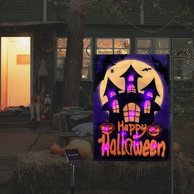 Happy Halloween Garden Flag LED Lighted Vertical Double Sided Garden Flag Halloween Castle Holiday Farmhouse Outdoor Yard Lawn Decoration 12.5 x 18 Inch