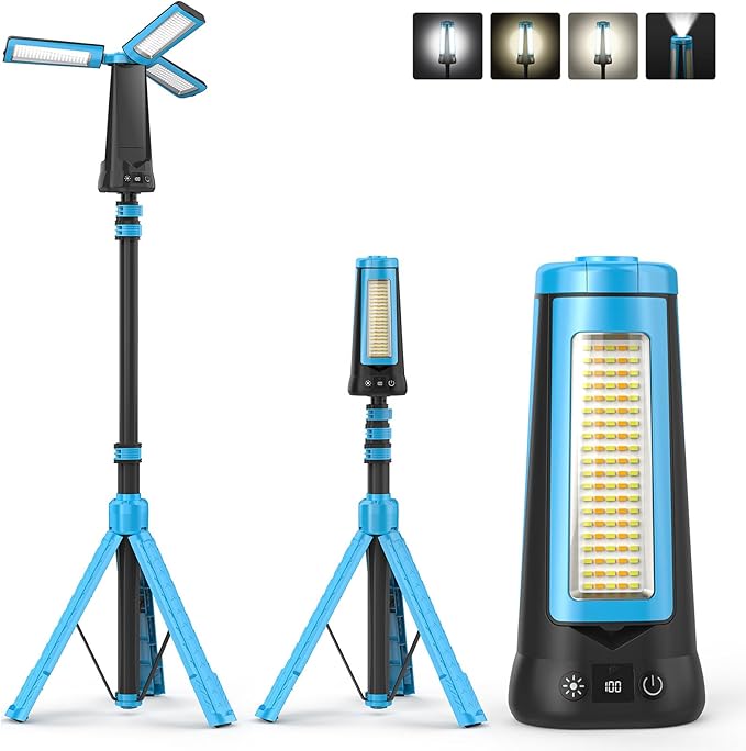Rechargeable Camping Light with Stand 7ft Max Height, 15000mAh Portable Cordless LED Work Light, 5500 Lumen 6500/4500/3500K Dimmable Emergency Flashlight with Detachable Tripod, Blue