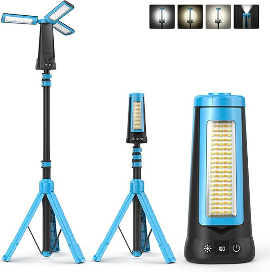 Rechargeable Camping Light with Stand 7ft Max Height, 15000mAh Portable Cordless LED Work Light, 5500 Lumen 6500/4500/3500K Dimmable Emergency Flashlight with Detachable Tripod, Blue