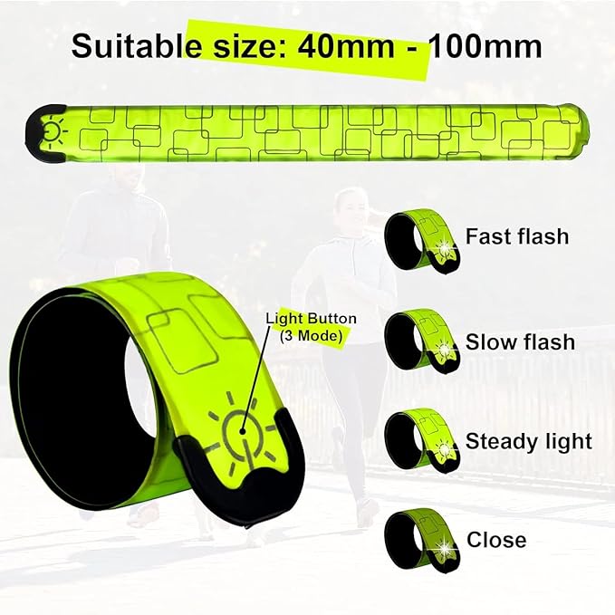 LED Safety Wristband Lights - Rechargeable Light Up Arm Ankle Band Kids Magic Slap Glow Bracelets Reflective Belt High Visibility for Night Cycling Walking Joggers Running Gear