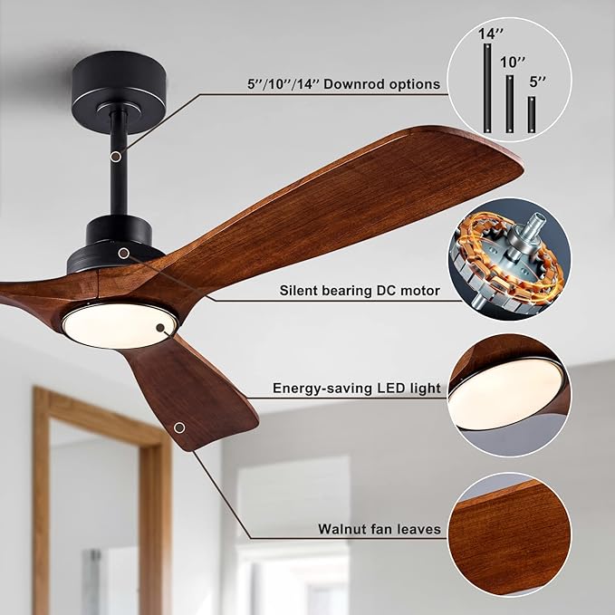 52" Wood Ceiling Fan with Lights Remote Control,Quiet DC Motor 3 Blade Ceiling Fans for Patio Living Room, Bedroom, Office,Indoor Outdoor(Black+Dark Walnut)