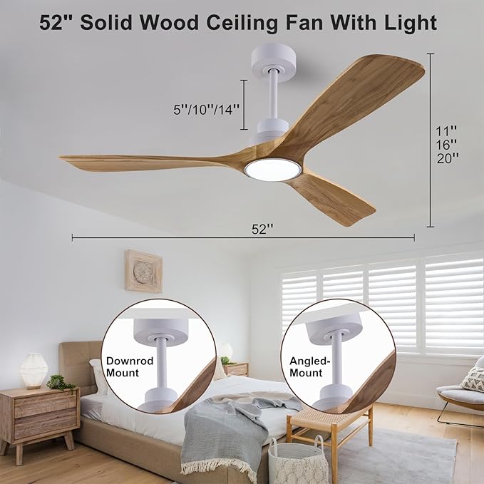 52" Wood Ceiling Fan with Lights Remote Control,Quiet DC Motor 3 Blade Ceiling Fans for Patio Living Room, Bedroom, Office,Indoor Outdoor(Raw wood+White)