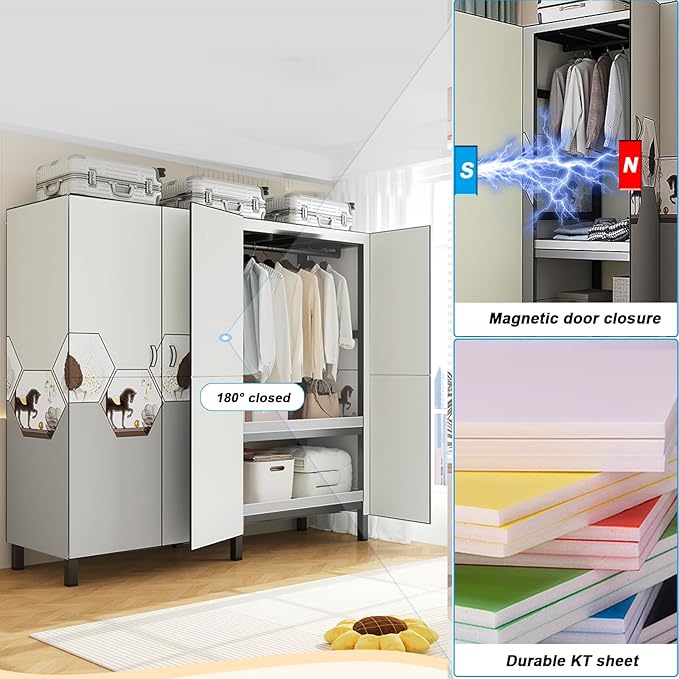 FPIGSHS Heavy Duty Clothes Rack with Magnetic Door 2000LBS Foldable Portable Wardrobe Closet for Hanging Clothing Rolling Garment Rack on Wheels for Bedroom Closet System (C(Pattern Door, 59in)