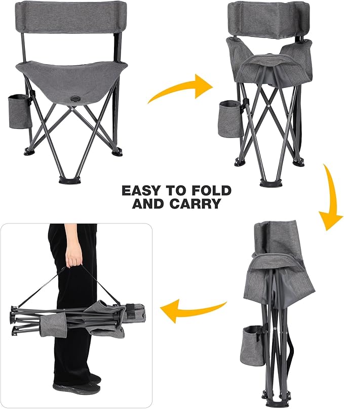 REDCAMP 2 Pack Tripod Camping Chairs Folding Lightweight, Portbal 3 Legged Tripod Stool Seat with Cup Holders, Small Fishing Chairs Compact for Adults Golf, Hunting,Dark Grey