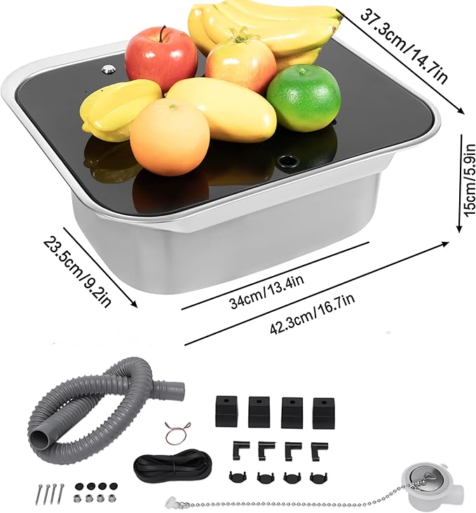 17-Inch Undermount RV Bar Kitchen Sink Workstation Single Bowl Stainless Steel Hand Wash Basin Drop In Sink with Folde Lid Cover Accessories and for RV Bar Cafe Boat Kitchen Camper Van Outdoor BBQ