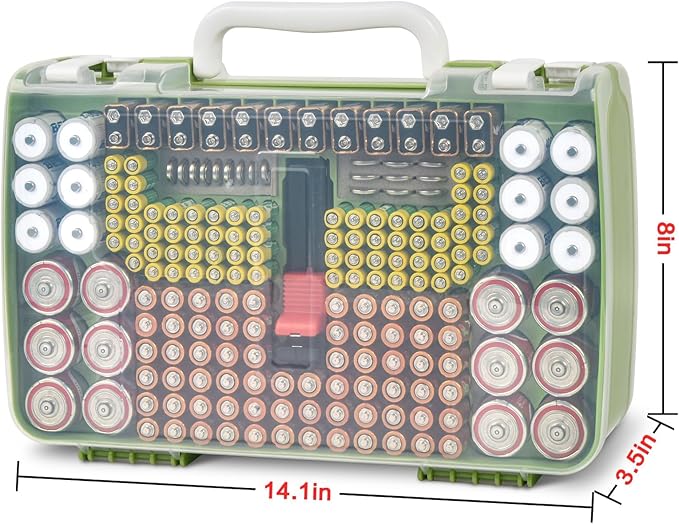Battery Organizer Storage Holder Case with Double-Sided, Garage Box with Tester Checker. Batteries Container for 269pcs AA AAA AAAA 3A 4A 9V C D Lithium 4LR44 CR2 CR123A CR1632 CR2032 18650 -Green