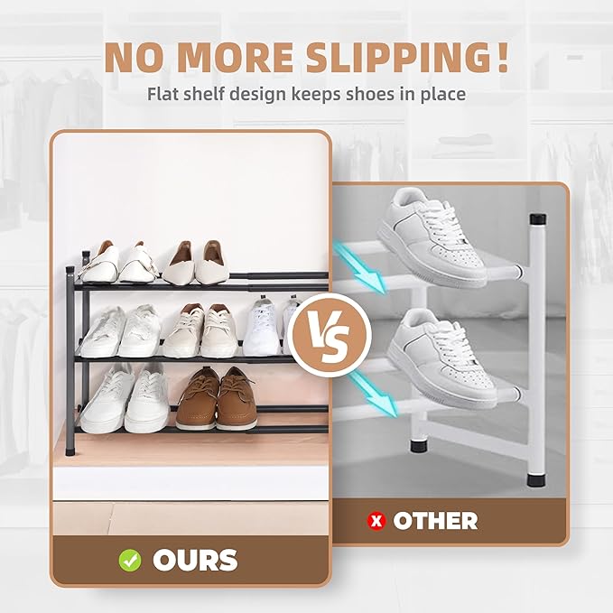 STORAGE MANIAC Expandable Shoe Rack, 12 Pairs Stackable Small Shoe Rack, Metal Adjustable Shoes Organizer for Closet, Entryway, Hallway, Garage, Front Door, Shoes Shelves, Black 3 Tier